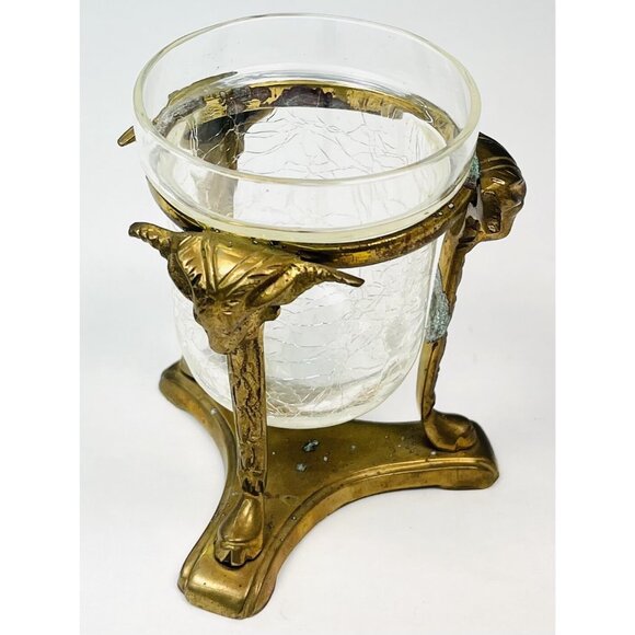 VTG MCM 4" Brass Ram Head Votive CANDLE HOLDER w/ Crackled Glass *Tarnish* - Picture 2 of 8